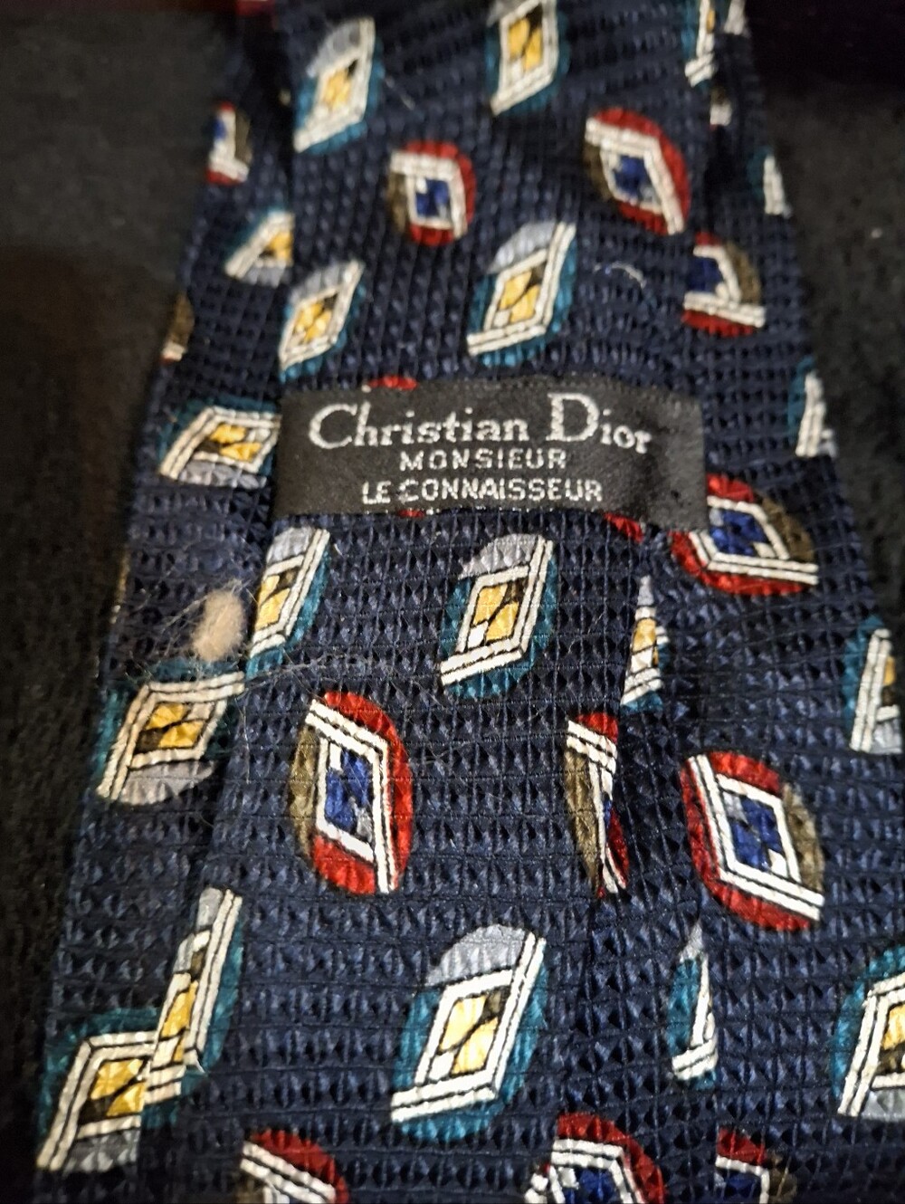 Dior Navy Silk Tie with Multicolor Geometric Motif